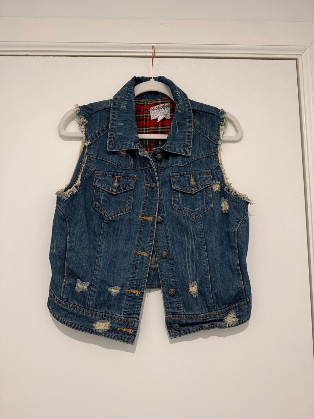 Others Follow Distressed Denim Vest with Plaid Lining